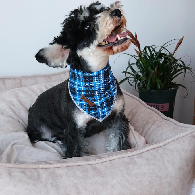 Christmas Dog Bandana, UP URARA PUP Blue Plaid Triangle Bid Scarf, Cotton Pet Kerchief for Girl Boy Dogs or Cats, Blue Winter Dog Bandana, Fancy for Puppy