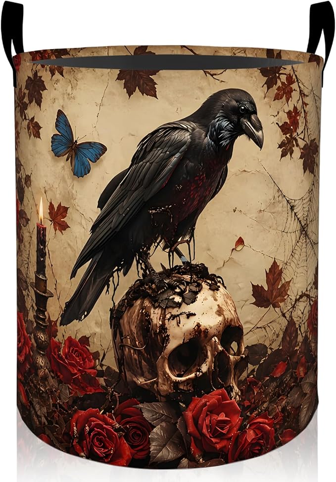 Gothic Raven Laundry Basket, Skull Rose Print Foldable Oxford Cloth, Waterproof Dirty Clothes Hamper with Handles, Clothing Storage Bin Toy Organizer for Bedroom Dorm Bathroom, 19.7"x15.7"