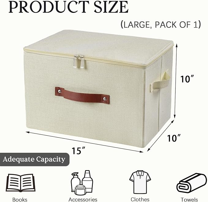 Storage Bins with Zipper Lid Decorative Lidded Storage Boxes | Collapsible Cotton Linen Fabric Storage Baskets, PU Leather Handle, Stackable Shelf Closet Organizer(Beige, Large)