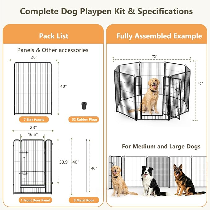 Metal Dog Playpen - 40" Height 8 Panels Foldable Exercise Pen for Dogs Indoor/Outdoor Pen with Door for Pet Animals Portable Pet Playpen Polygon Dog Enclosure (Black)