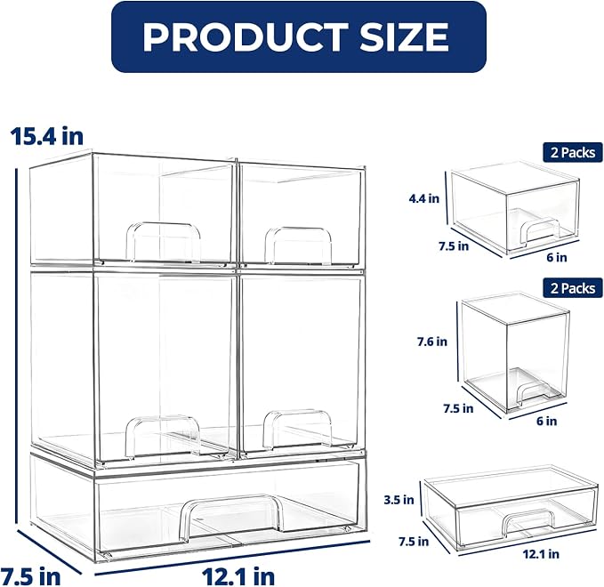 Baby Bottle Organizer Stackable, Acrylic Storage Drawers 5 pack with Non-Slip Pads, Pull-Out Drawers for Baby Bottle, Pump Parts, Pantry, Vanity Countertop (4.4" and 7.6" Tall and 12.1" Wide)