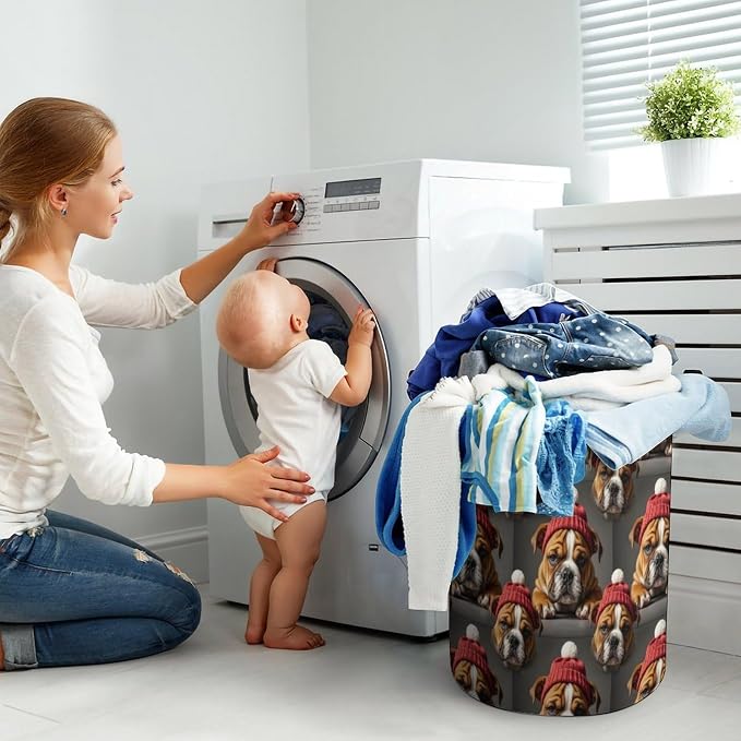Large Foldable Laundry Basket English Bulldog Puppy Dog, Waterproof Hamper with Handles for Clothes, Toys, and Towel Organization at Home