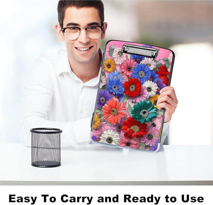 A4 Clipboard with Storage Pen Holder, Clipboards Organizer Nursing Clipboard Foldable File Folder Plastic Clipboard Folio Clip Board for Office Work Classroom Doctor, Wildflower Pink