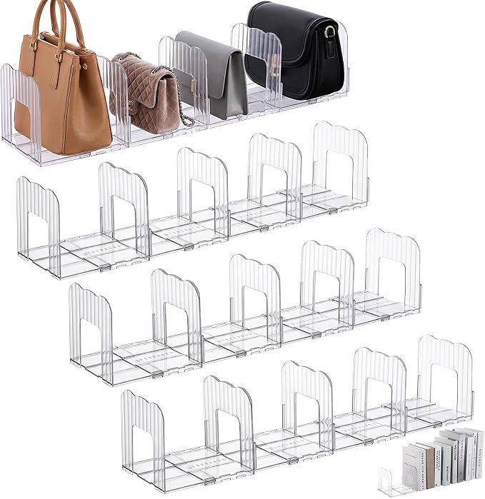 4 Sets Clear Purse Organizer for Closet, 16 Pcs Adjustable PET Handbag Storage Shelf Dividers, Clutch Separator for Shelves, Books, Accessories – No Assembly Needed