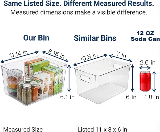 MOONEDGE 6 Pack Clear Organizer Bins 11x8x6in Pantry Organizers and Storage | Clear Containers for Organizing, Plastic Storage Bins with Handles for Drawer, Craft, Fridge, Kitchen Cabinet Shelf