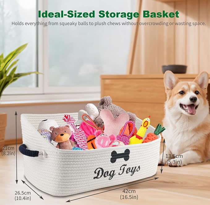 Dog Toy Basket-100% Cotton Rope Dog Toy Bin for Living Room Area-Trapezoid Pet Toys Box with Sturdy Handle-Puppy Bed-Dog Stuff Organizer for Toys,Collar,Leash,Blanket-Chew Proof-Beige