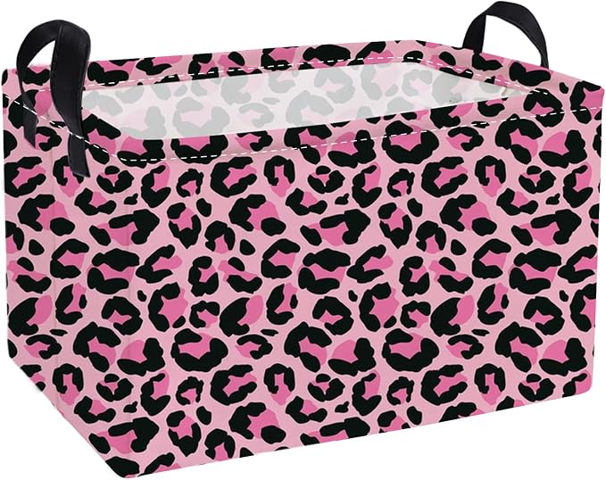 Essme Rectangular Baskets,Pink Storage Basket with Handles for Room Decor, Leopard Print Box,Cute Storage Bin（Pink leopard print）