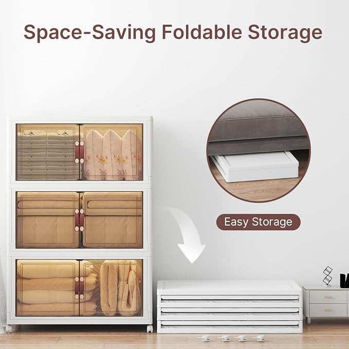 Stackable Storage Bins with Lids, 540QT Lockable Storage Cabinet | Folding Storage Box with Doors and Wheels, Collapsible Plastic Drawers for Home, Garage, Office