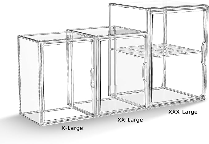 HOYOJA Clear Acrylic Display Case, Super Large Stackable Storage Bins Magnetic Attraction Lids, 3 Pack Acrylic Box with Divider for Collectibles, Figures, Purse, Handbag, Wallet, 11.4x9.84x15.4 inch