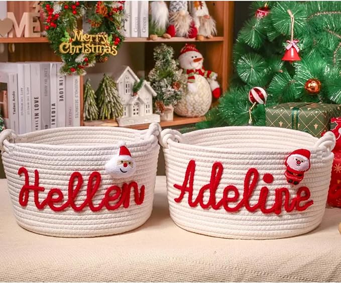 Personalized Cute Small Woven Basket with Handles, Custom Cotton Rope Room Shelf Storage Basket, Empty Decorative Gift Basket, Decorative Round Bin for Nursery Bedroom Bathroom (Style F)