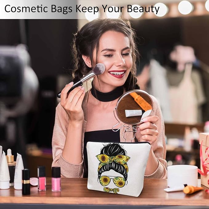 Women Makeup Organizer Bag Sunflower Woman, Messy Bun Woman Sunflowers Glasses Flax Cosmetic Bag Makeup Bags Toiletry Bag Accessories Organizer Travel Bags For Home Bathroom Office Hotel Gym