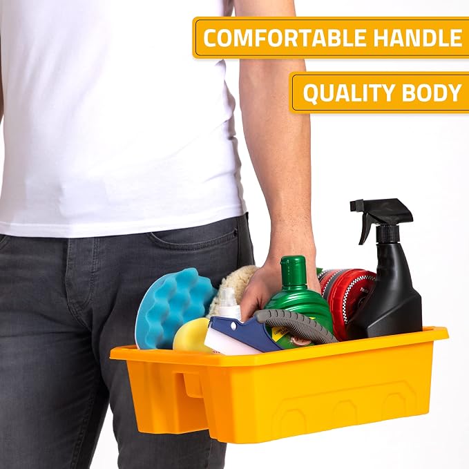 CANOPUS Storage Tray Tote with Functional Holes - 2 PCs Plastic Cleaning Caddy with Handle, Portable Caddy, Undersink Storage for Kitchen, Shoe Cleaning Box, Products Organizer, Yellow