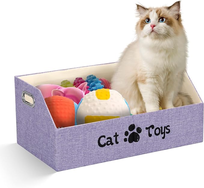 19.7 Inch Cat Toy & Supplies Storage Organizer with Metal Handles | Foldable Fabric Bin Kitten Pet Chest Trapezoid Container for Organizing Cats Clothes Accessories