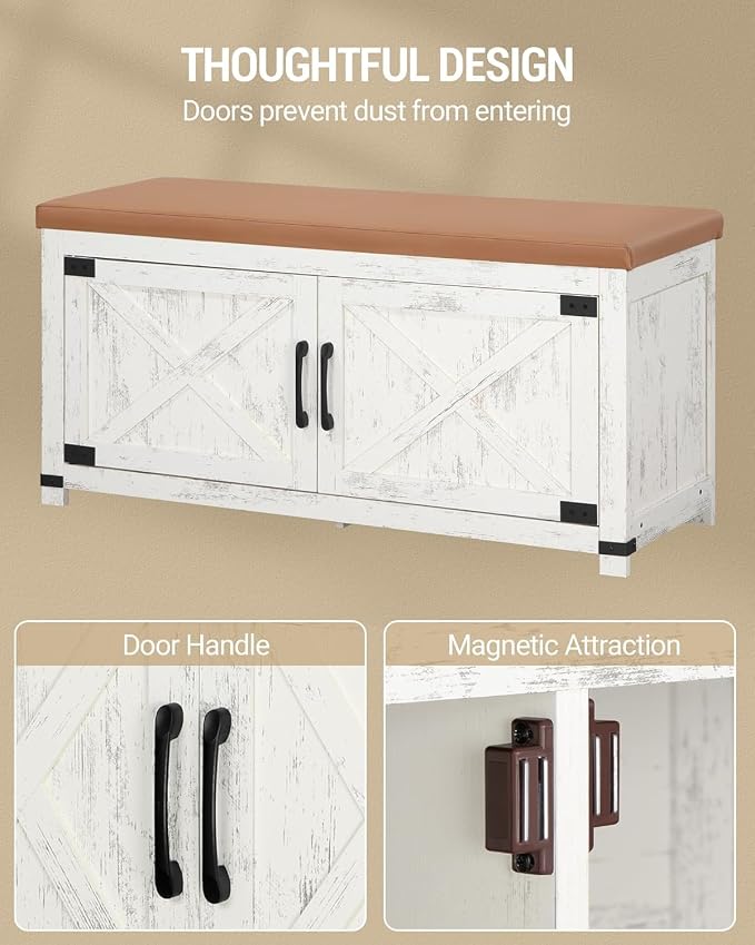 Hzuaneri 39.4" Shoe Storage Bench, with Soft Padded Seat Cushion & Doors | 2 Tier Entryway Storage Bench with Adjustable Shelf, Farmhouse Shoe Cabinet for Living room, Bedroom, Antique White SB26614KA