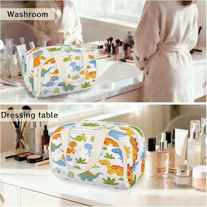 Cute Dinosaur Theme Travel Toiletry Bag with Handle | Wet & Dry Separation, Full-Size Bottle Friendly, Leak-Proof, Waterproof, Easy to Clean, for Travel, Gym, Home