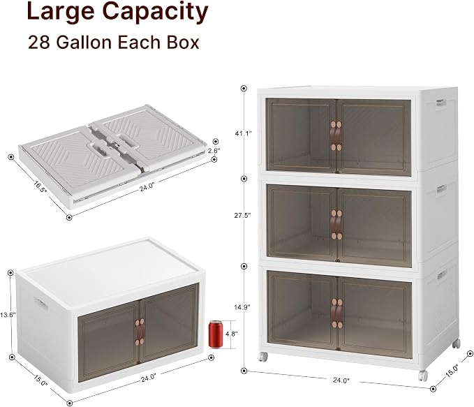 Stackable Storage Bins with Lids, 330QT Lockable Storage Cabinet | Closet Organizers, Foldable Storage Box with Doors and Wheels, Plastic Drawers for Home, Garage, Office (3, White, Plus)