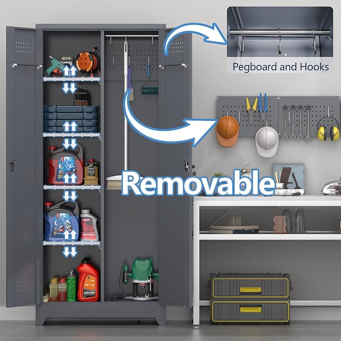 72.8" H Metal Garage Storage Cabinets, Metal Storage Cabinet with Hanging Rod & S-Hooks, Broom Closet Storage with Shelves, Functional Storage Cabinets for Garage, Warehouse, Grey