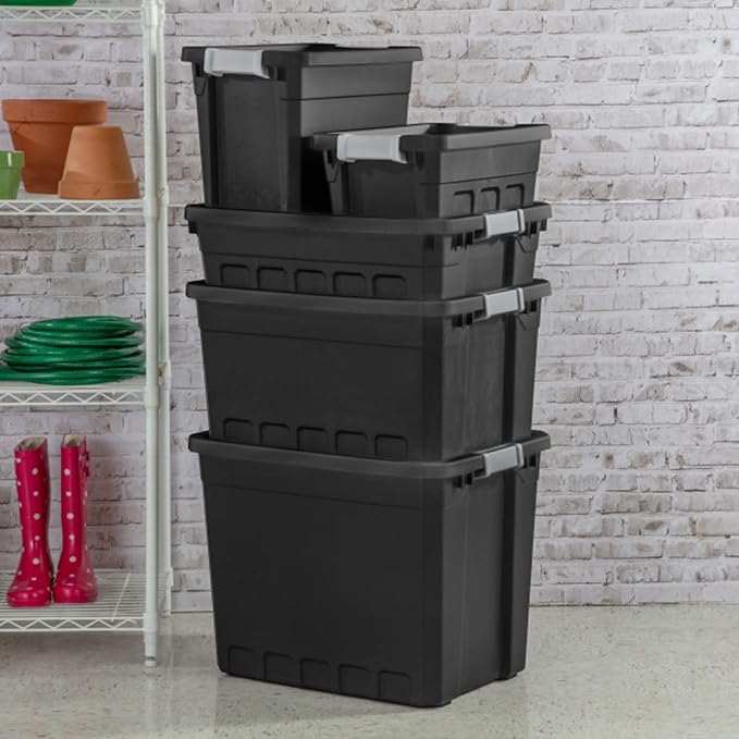 Sterilite Stacker Tote with Latching Lids for Garage, 7.5 Gallon, 24-Pack | Heavy-Duty and Stackable Plastic Boxes and Containers for Home, Desk, Cabinet, Dorm, Basement, or Utility Organization