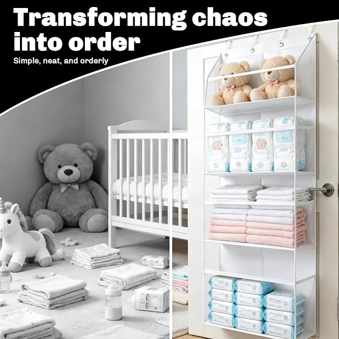 Heavy-Duty Plush Toy Storage Rack, 4-Tier Transparent Extra-Large Door-Mounted Storage Rack with Deep Pockets, a Great Helper for Baby Storage, Children's Plush Toy Storage Bag, White