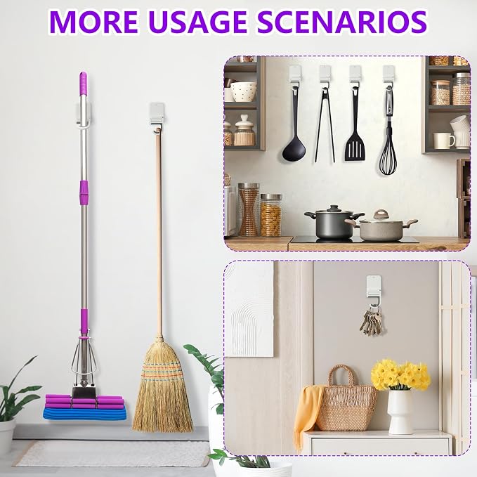 Broom and Mop Holder Wall Mount, Heavy Duty Screw Drilling Gripper Rack Supports up to 10 lb for Kitchen, Laundry Room, Garage, and Garden Storag (4, White)