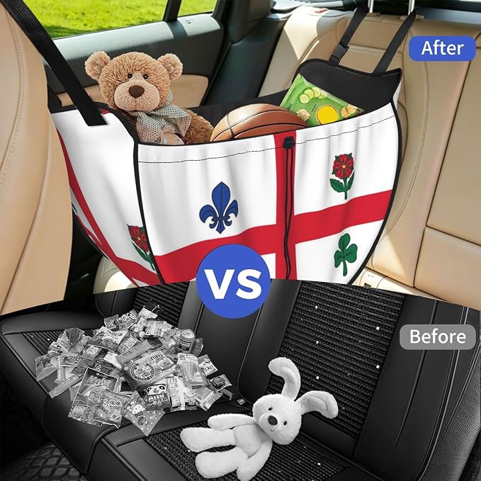 Montreal Flag Car Seat Organizer-Backseat Storage Bag for Travel | Waterproof Durable. Holds Snacks Gear Essentials. Fits Most Cars.