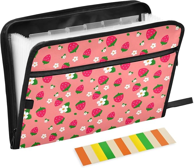 13 Pocket Zipper Expanding File Folder A4 Cute Strawberry Flower | Accordion File Organizer with Front Pouch A4 Letter Size Portable Folders for Documents Receipt School Office Supplies