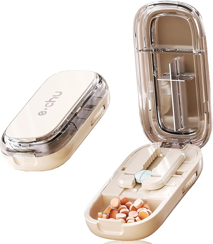 DUBSTAR Pill Cutter Splitter for Small & Tiny Pills Cuts into 1/2 1/4 Beige | Pill Cutters with Removable Silicone Pad, Tablet Splitters Cuts Vitamins Tablets for Purse Pocket