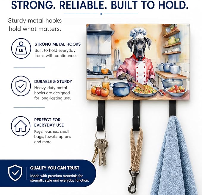 Caroline's Treasures Great Dane The Chef Leash or Key Holder Wall Hooks, Key Hooks Holder, Coat Rack Wall Mount, Coat Hooks, Hooks for Hanging Keys, Towels, Aprons, Leashes | Great Dane The Chef artwork on ceramic tile with three steel hooks for keys, ...