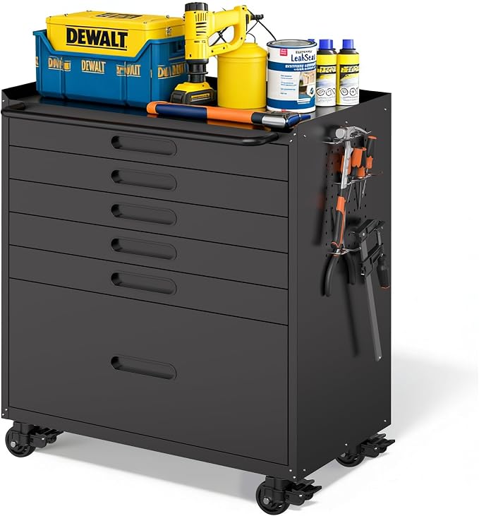 Metal Storage Cabinet for Garage, Tool Cabinet, Utility Cabinet | Wheeled, Rolling Tool Cabinet, 6 Drawers, Top Countertop, Pegboard, Assembly Required, Black