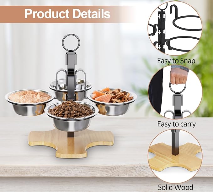 Elevated Cat Bowls 3 Adjustable Height 4 Stainless Steel Cats&Dogs | Pet Elevated Raised Cat Food and Water Bowls 3 Adjustable Heights 4 Stainless Steel Bowls for Indoor Cats Small Dogs