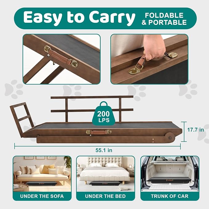 Dog Ramp for Bed & Couch, Foldable Wooden Pet Ramp, 5 Adjustable Heights | Height up to 27.5", Portable Dog Ramp with Non-Slip Rubber Surface & Safety Railings, Pet Ramp for Small, Large, Senior Dogs