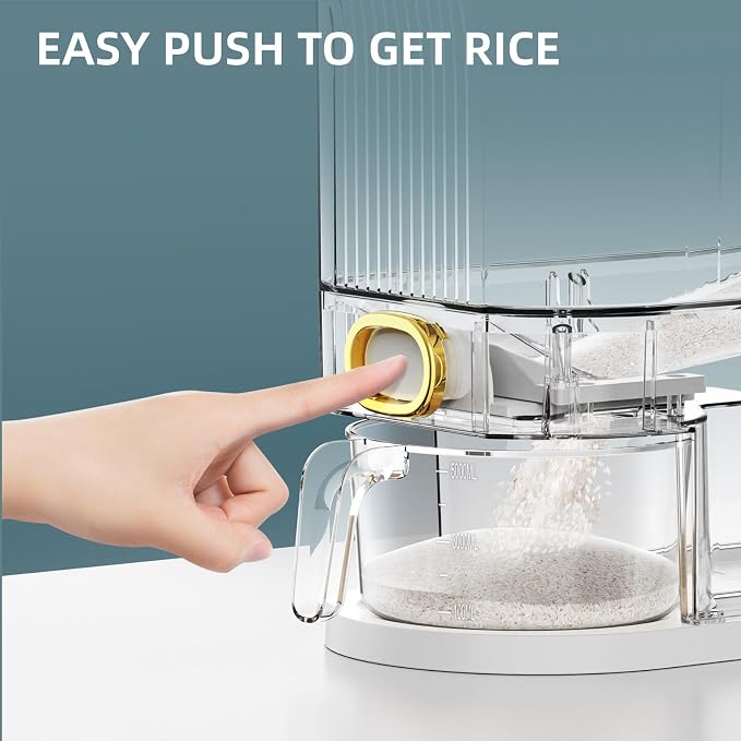 Rice Dispenser, 11Lbs-12Lbs Rice Container with Measuring Cup, Upgraded Lid Time Dials & Built-in Fresh Box Rice Container Storage for Home Kitchen Pantry Stores Rice - White Capacity 11Lbs-12Lbs