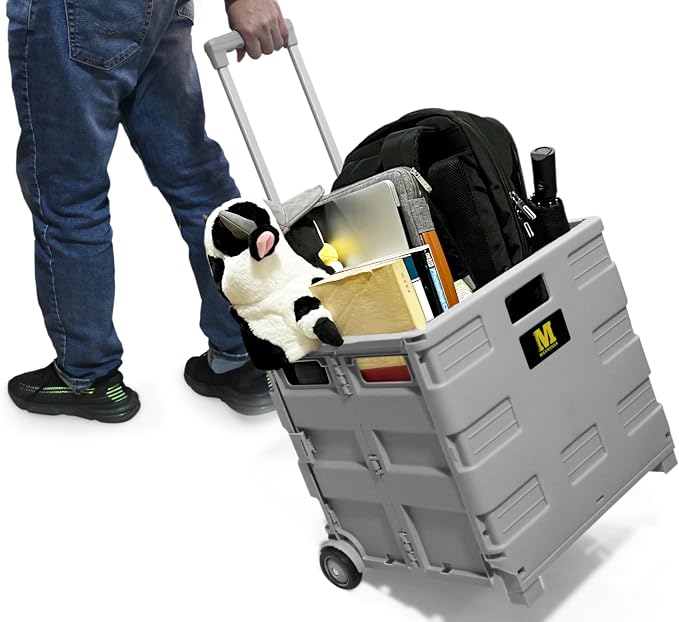MaxWorks Collapsible Rolling Utility Cart with Lid 80 lb Capacity Folding Dolly with Telescoping Handle Heavy Duty Plastic Crate on Wheels for Shopping Office and Teachers (50876)