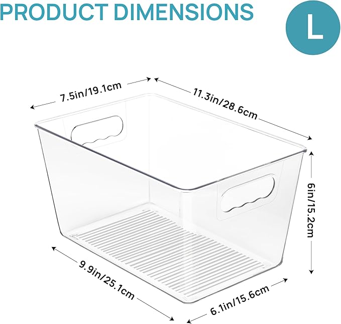 Vtopmart 4 Pack Clear Storage Bins, Pantry Storage Bins with Handle, Large | Plastic Pantry Organizer Containers for Kitchen, Refrigerator, Fridge, Cabinet, Countertops, Home Organization and Storage