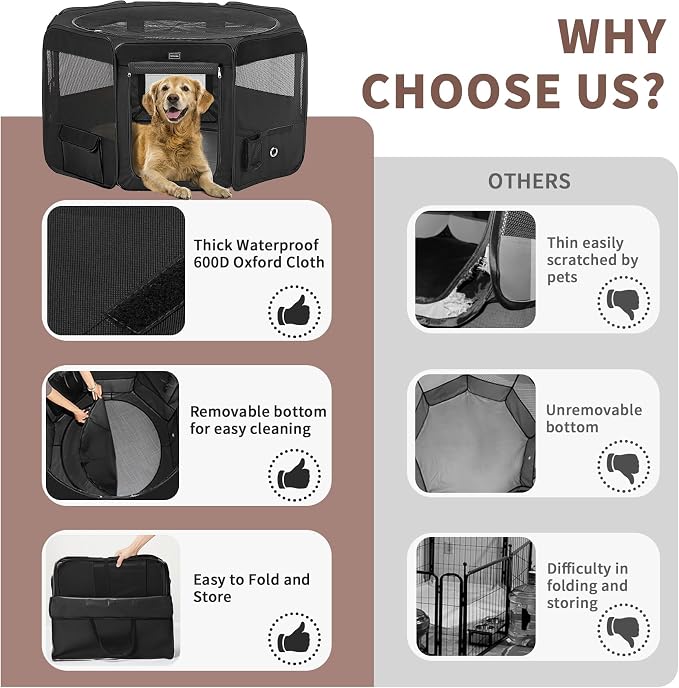 Dog Playpen Portable Pet Play Pens for Small Dog/Cat/Rabbit/Chicks, Cat Playpen Indoor/Outdoor with Carring Case, Removable Zipper Top and Bottom (Black, Extra Large (55"x55"x30"), 8)