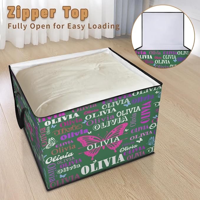 Custom Extra Large Storage Baskets Named with Lid, Personalized Storage Bins Basket Boxes Handles for Clothes Blanket Bedroom Closet Organizing Toys Shelves, Deep Forest Green with Butterflies