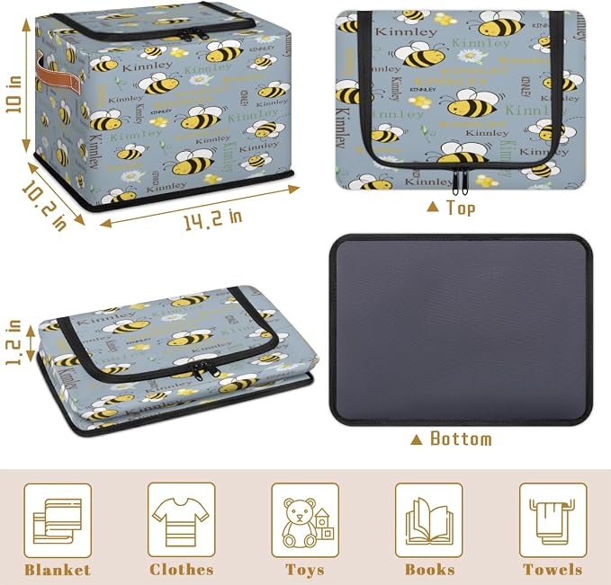 Personalized Kids Toy Box with Name, Custom Cartoon Bee with Daisy Floral SteelBlue Nursery Baskets Cubes Box with Zipper Lid, Custom Storage Basket Laundry Baskets Organizer with Handles