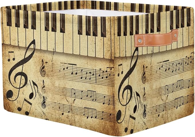 AUUXVA Storage Basket Vintage Music Note Piano Key Storage Cube Box Durable Canvas Collapsible Toy Basket Organizer Bin with Handles for Shelf Closet Bedroom Home Office