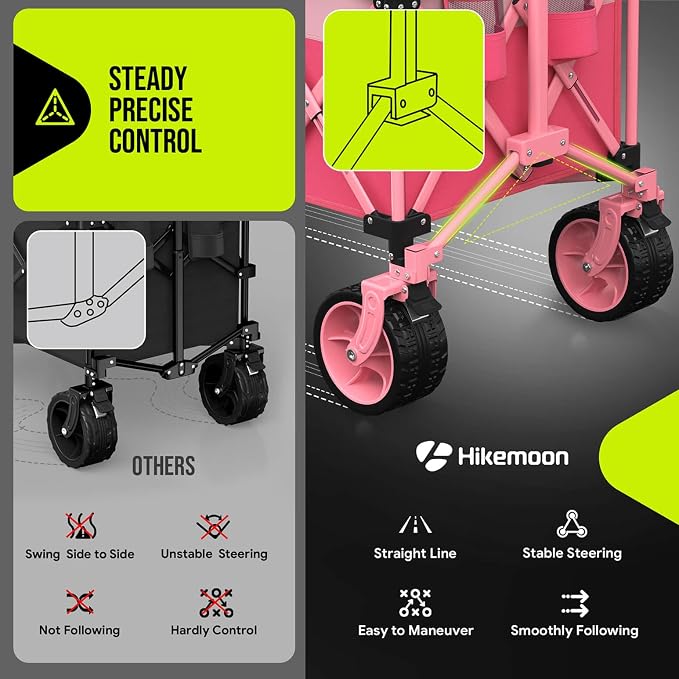 48'' Extra Large Collapsible Wagon with Big Wheels, 300L Pink | 560LBS Heavy Duty, Wagons Carts Foldable, All-Terrain, Brakes, Folding Cart, Utility for Beach/Camping/Garden/Sports/Grocery