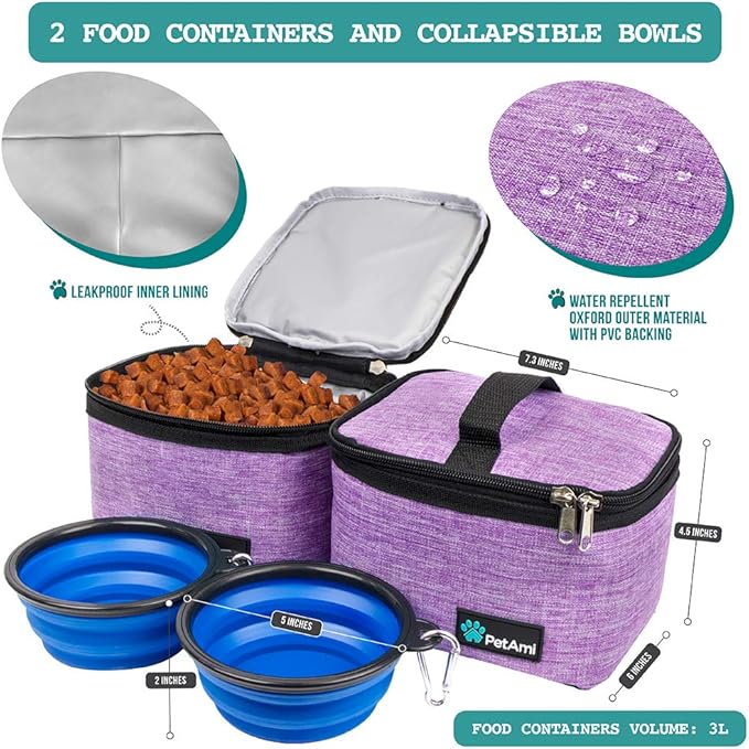 PetAmi Dog Travel Bag Organizer, Pet Supplies Diaper Tote, Purple Medium | Pet Travel Kit with 2 Food Containers & 2 Collapsible Dog Bowls, Luggage Sleeve, Weekend Getaway Road Trip Camping Essentials