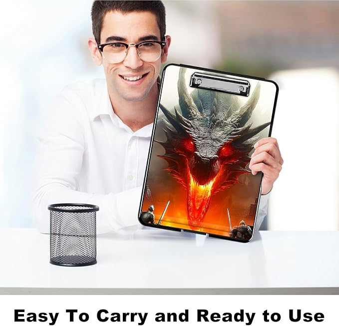Heavy Duty Storage Clipboard, Slim Nursing Clipboard with Internal Pen Case, Portable File Organizer Case for A4 Letter Size Paper Office Medical Professionals, Grey Flame Dragon
