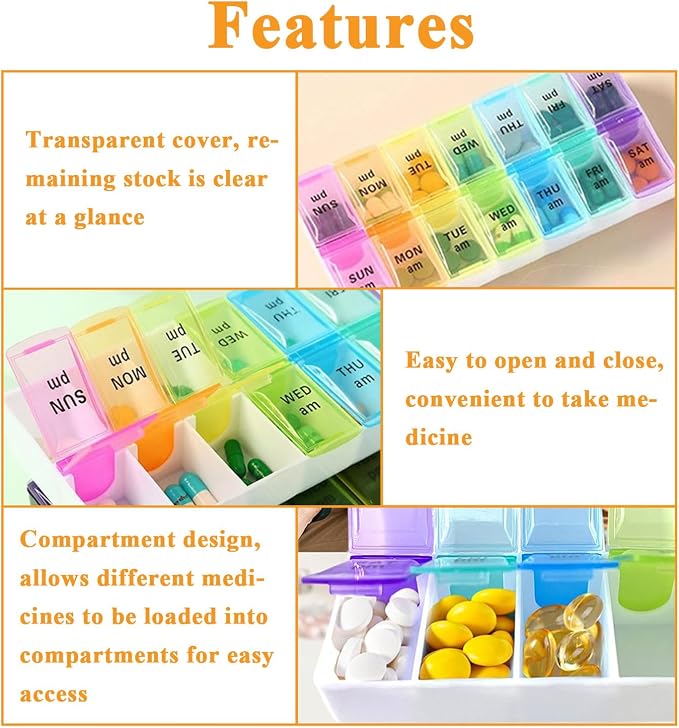 Travel Daily Large Pill Organizer, Weekly Portable Pill Dispenser | Daily Pill Case Box Holder, Elder Medication Planner for Vitamin, Medicine, Fish Oil, Supplements, 14 Compartment, Colorful