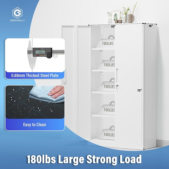 Greenvelly White Metal Storage Cabinet, 72" Locking Storage Cabinets with Doors and 4 Shelves, Tall Tool Storage Cabinet for Garage, Steel Lockable File Cabinet Metal Locker for Home Office, Classroom