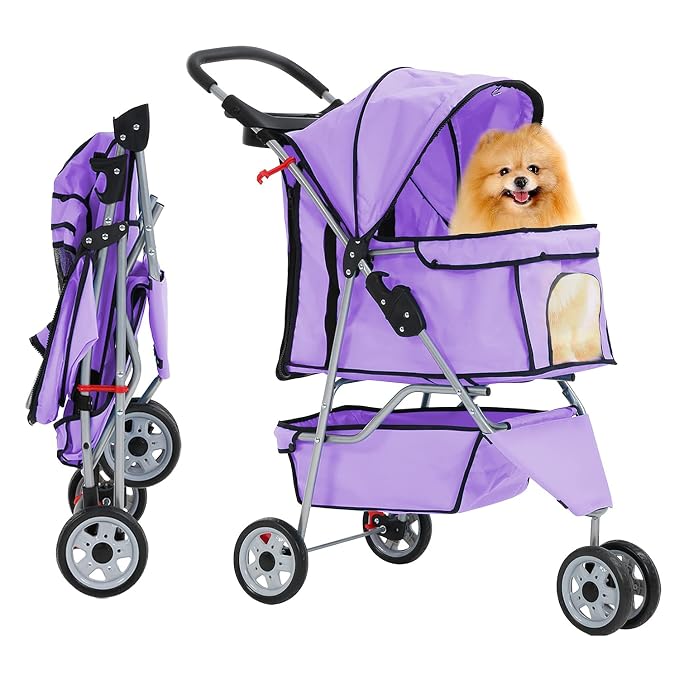 Purple 3-Wheel Folding Cat & Dog Stroller - Waterproof, Cup Holder, Removable Liner - Small & Medium Pets