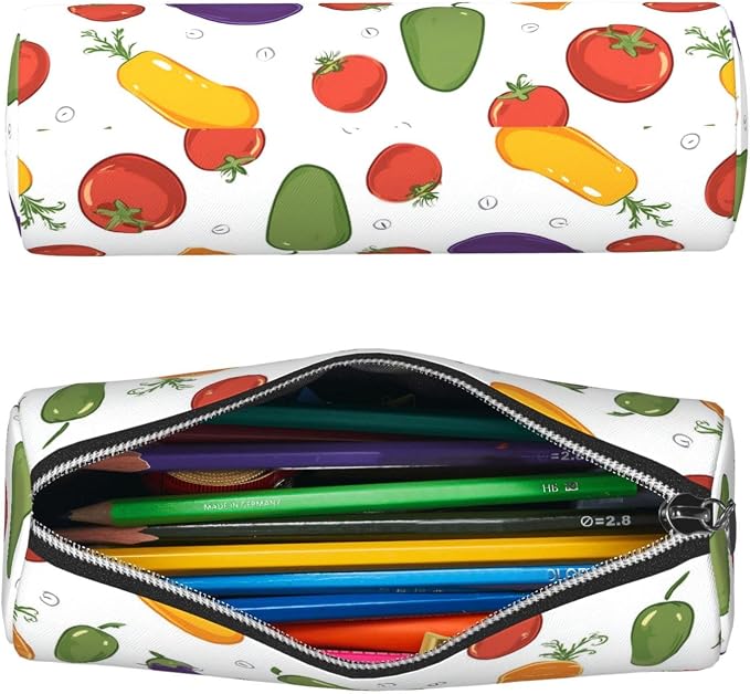 OSAM SPACE Leather Pencil Case Round Pencil Bag Colorful Vegetables Pen Organizer Holder Portable Zipper Pouch Cute School Supplies for Girls Boys Study Office