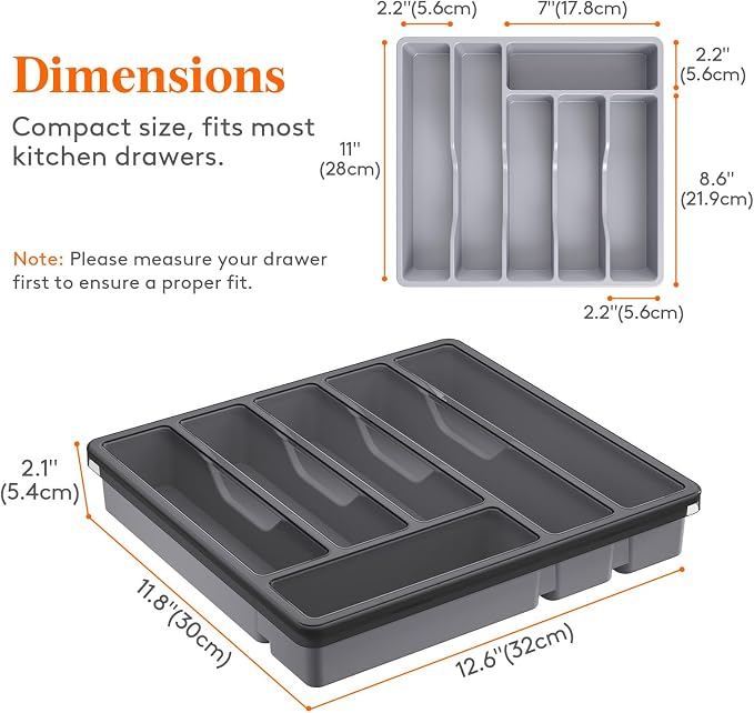 Lifewit Silverware Organizer with Lid, Covered Utensil Tray, 12.6x11.8 | Plastic Cutlery Storage Box for Kitchen Drawer and Countertop, Flatware Case Holder for Spoons Forks Knives, Gray