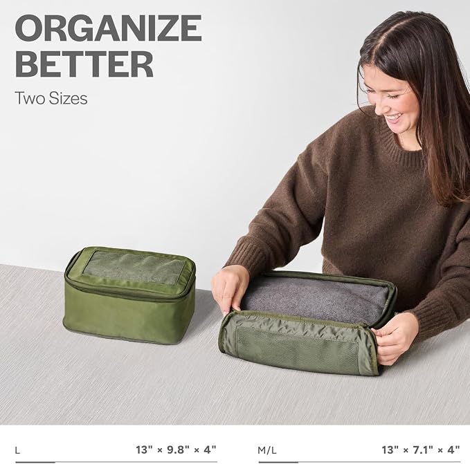 Compression Packing Cubes for Travel, 2-Pack, Olive | Solves overpacking, 2-Piece set fits most carry-ons, 50% Space savings, Compression luggage organizer bags