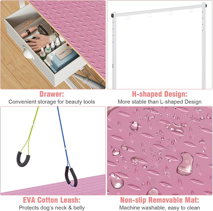 32-Inch Adjustable Dog Grooming Table with Drawer & Mesh Tray, Pet Grooming Table with Non-Slip Removable Washable Mat & EVA Protective Lanyard, Professional Grooming Table for Small Dog at Home（Pink