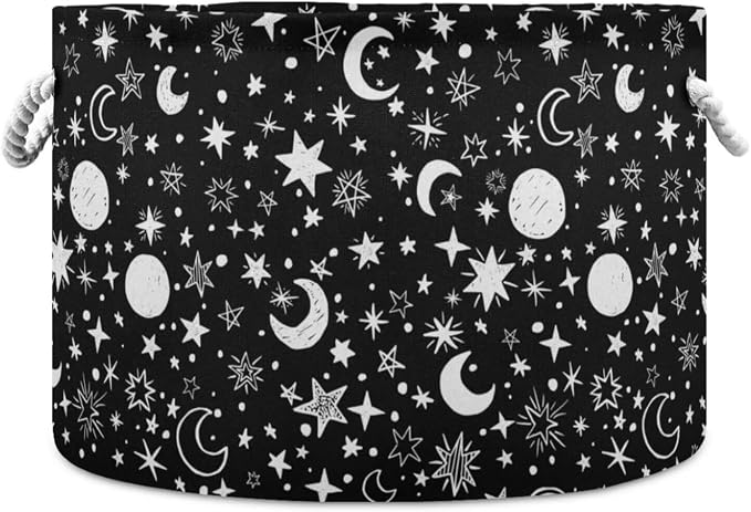 Stars Moon Print Collapsible Round Storage Basket with Handles | Black White Gothic Large Laundry Baskets Hamper, Clothes Organizer Bin for Bedroom Living Room Decor, 20x 20x 14 Inches