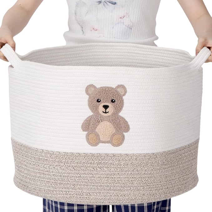 LemonRoad Extra Large Basket 20"x14", Woven Basket for Laundry Blanket Toy Box with Handle Storage, Blanket Storage for Living Room Nursery Pillows Chest(Cotton Rope,Funny Bear,Brown)